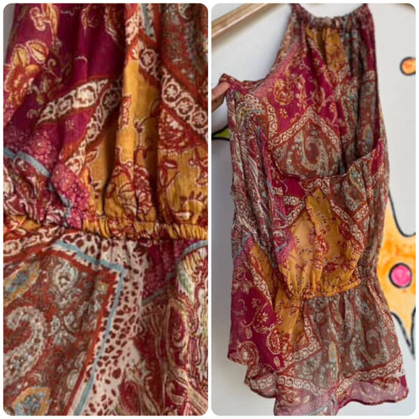 90s Y2K Pink Sheer Halter Top – Boho Fairy Grunge – Paisley Floral Scarf Print