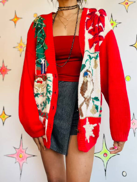 Vintage Red Christmas Sweater Tree Presents & Owl Ugly Xmas Party Sweater – M