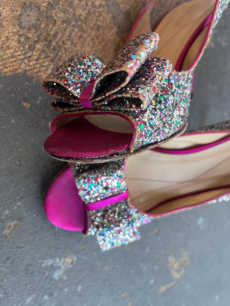 Kate Spade Glitter Peep Toe Heels – Coquette Y2K Sparkly Silver Glam Pumps – 9