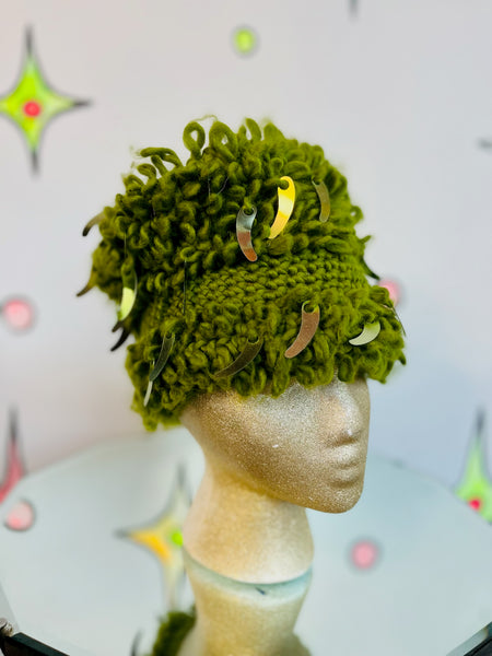 Vintage 1960s Green Shaggy Crochet Sequin Hat | Made in Japan | Wearable Art