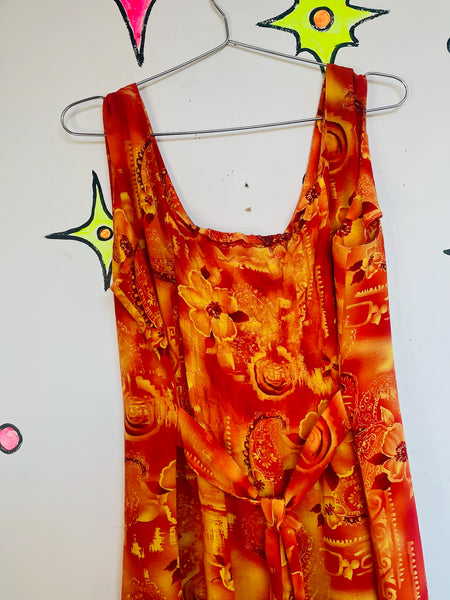 Vintage 90s Y2K Orange & Red Tiki Hawaiian Dress Boho Fairy Grunge Midi – Small
