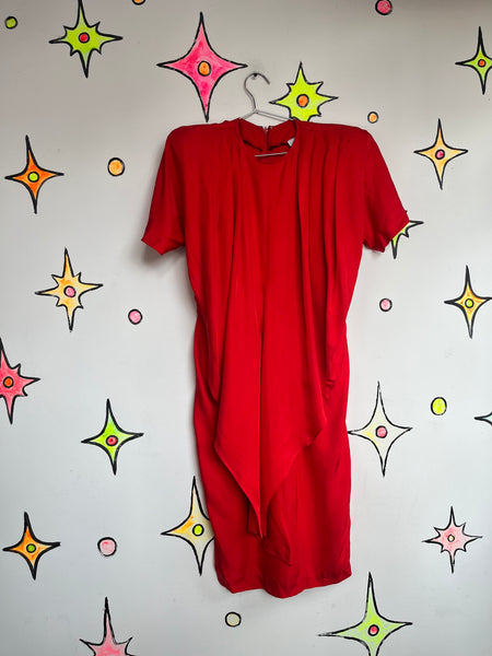 Vintage 80s Red Silk Sculptural Art Power Boss Dress | Shoulder Pad Cocktail | 8