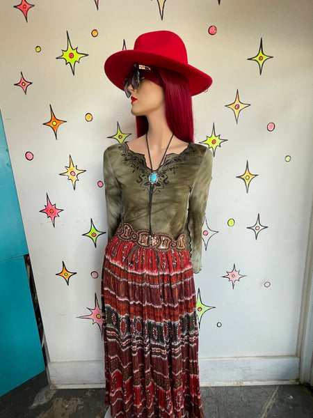Boho Fairy Grunge Army Green Tie-Dye Bell-Sleeve Cropped Tee Top M