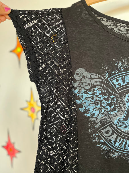 Vintage 90s Grunge Boho Harley Davidson Lace Trim Asymmetrical Sheer Top Tee XL
