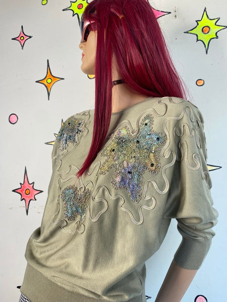 80s Embellished Fairy Dolman Knit Sweater Top Whimsigoth Fairycore Glam M/L