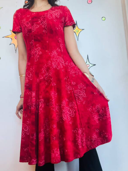Y2K Red Fairy Boho Grunge Whimsy Goth Glitter Flowy Stretchy Midi Dress - S/M
