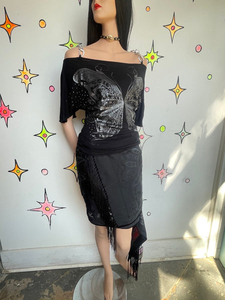 Y2K Black Chain Off Shoulder Butterfly Tattoo Top Cyber Grunge Whimsy Goth M