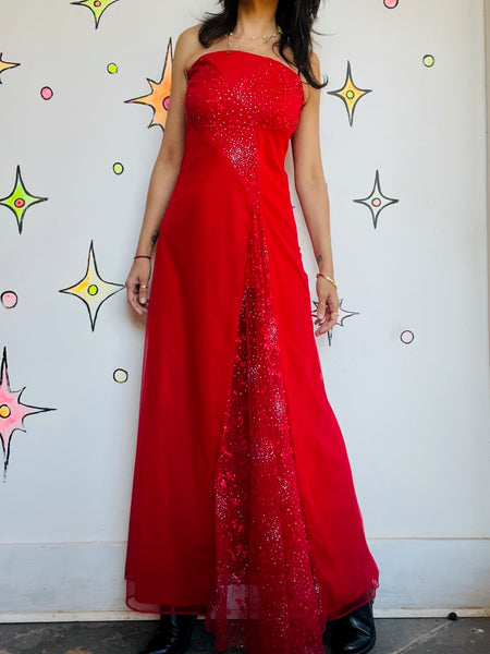 Vintage 90s Y2K Red Glitter Fairy Grunge Formal Strapless Holiday Maxi Dress – M