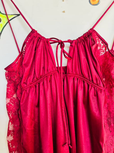 Vintage 70s Burgundy Lace Fairy Grunge Boho Grunge Mini Lingerie Slip Dress M