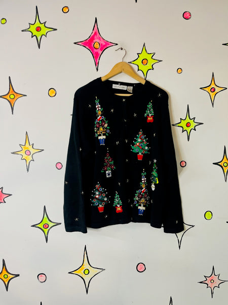 Vintage Embellished 80s 90s Black Ugly Tacky Christmas Sweater Cardigan – XL