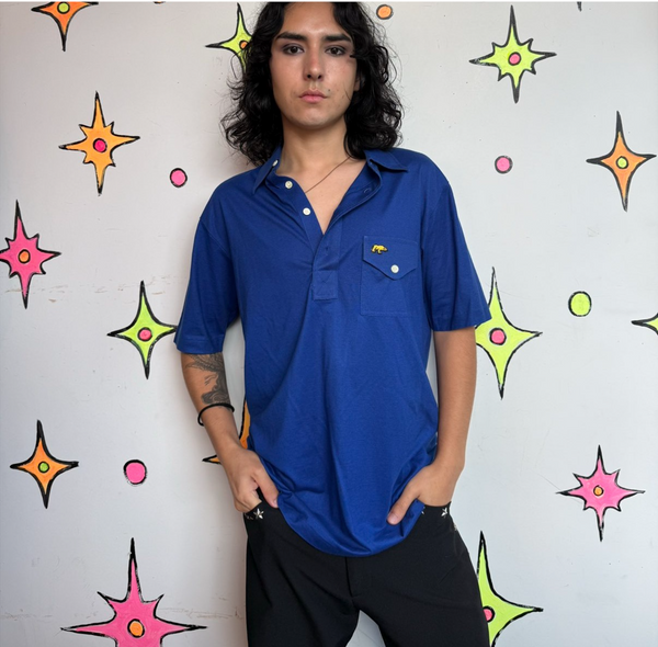 1970s 80s Jack Nicklaus Polo Blue Dagger Collar Retro Golf Shirt Men Preppy M