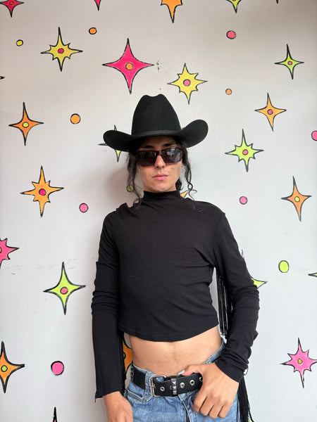 Cowboycore Black Cropped Turtleneck w/ Fringe Goth Western Glam S/M