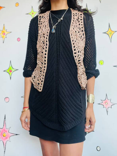 Vintage 90s Tan Pink Crochet Boho Fairy Grunge Vest - Festival Layer - Size M/L