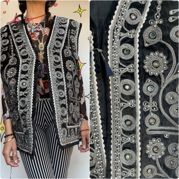 Vintage 60s 70s | Boho Grunge Fairy Metallic Embellished Mirrored Ottoman Vest