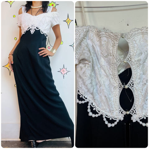 Vintage 90s Black & White Lace Dress – Victorian Formal – Scott McClintock – M