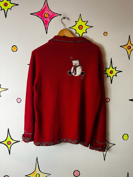 Vintage Embellished 80s 90s Red Ugly Tacky Christmas Sweater Cardigan Snowman L