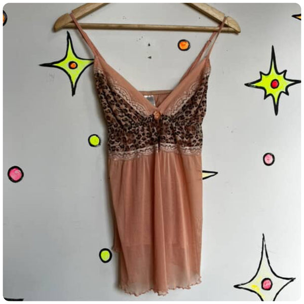 90s Y2K Pale Pink & Leopard Sheer Lace Babydoll Camisole - Grunge Coquette - M