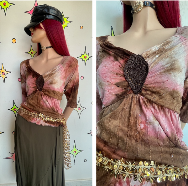 Y2K Pink & Brown Tie-Dye Crochet Embellished Top Fairy Grunge Boho L