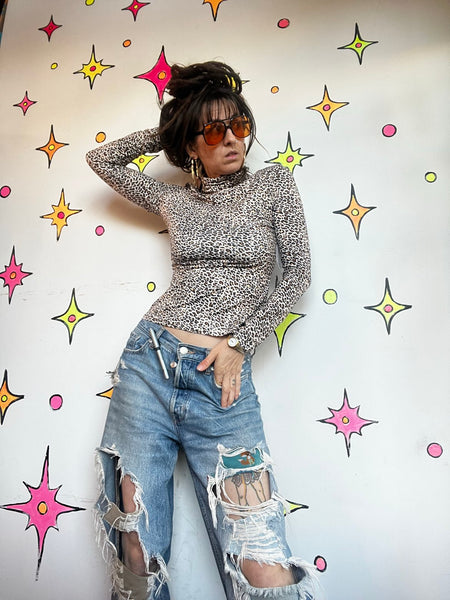 Vintage Leopard Print Turtleneck Top 90s Y2K Animal Print Goth Grunge M
