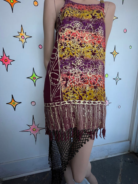 Hawaiian Summer Fringe Mini Dress Boho Grunge Tie Dye Western Cotton Festival ML
