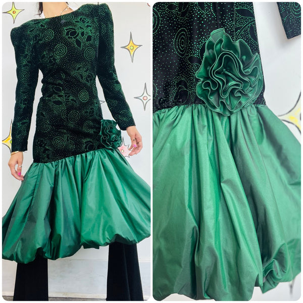 Vintage 80s Green & Black Glitter Prom Dress Poofy Bubble Hem Party Gown Size 4