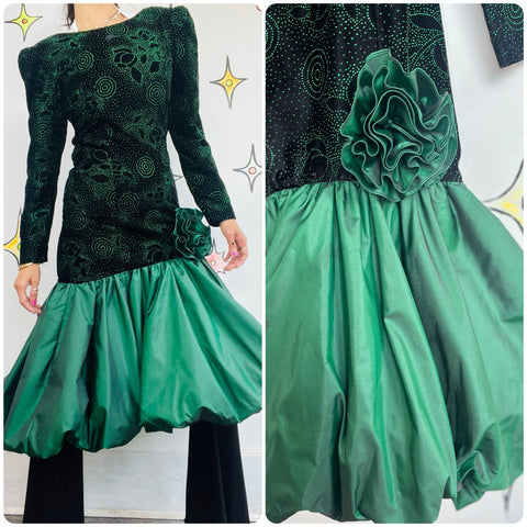Vintage 80s Green & Black Glitter Prom Dress Poofy Bubble Hem Party Gown Size 4