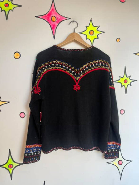 Vintage 80s 90s Black Ugly Tacky Christmas Sweater Cardigan Santa & Snowman – M