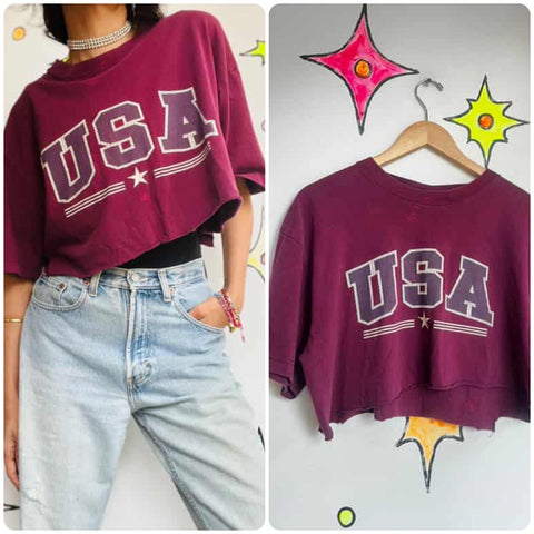 Vintage Cropped USA Cutoff Tee - Jansport - 90s Grunge Americana - Size Large