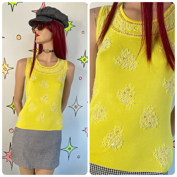 90s Y2K Canary Yellow Beaded Tank Blouse Pierri Slinky Pop Grunge S/M