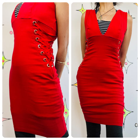 Vintage Y2K Cherry Red Lace-Up Party Dress | Goth Devil Vamp Piratecore | Size L