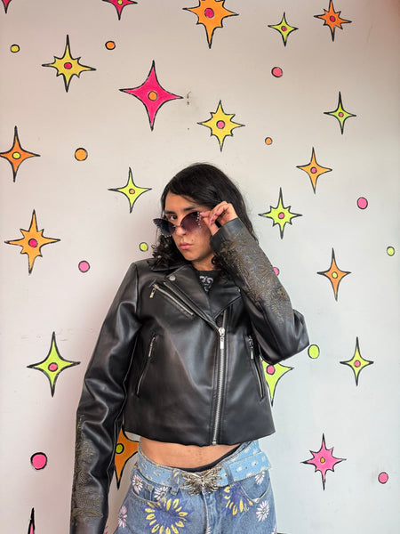 Disturbia Vegan Leather Jacket Goth Moto Biker Punk Grunge Embellished Coat M