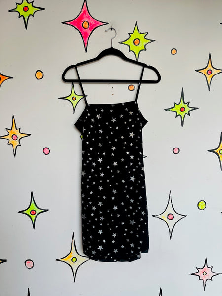 Black Party Dress Silver Stars - Y2K Witchy Fairy Goth Whimsy Celestial - M