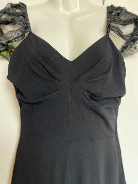 Vintage Tulle Mermaid Ruffle Hem Maxi Dress Black Lace Old Hollywood Glam 1930s