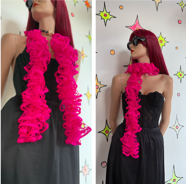 Y2K Hot Pink Barbie Scrunch Scarf Cabbagecore Fairy Grunge Crochet Ruffle Boa
