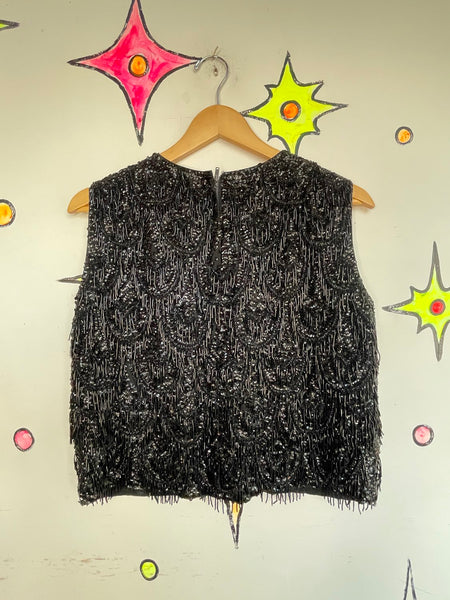 True Vintage 1950s Black Beaded Rayon Top Old Hollywood Glam Goth Luxury M
