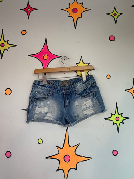 Y2K Bongo Denim Cut Off Shorts McBling Low Rise Distressed Jean Shorts - M