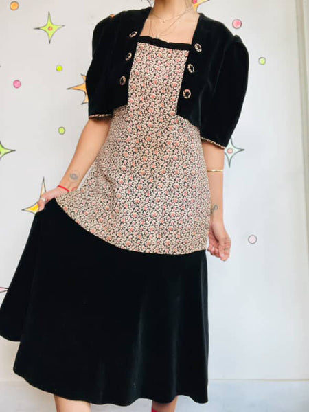 Vintage 40s Velvet Floral Print Dress | Secretary Rococo Goth, Boho Grunge | M/L