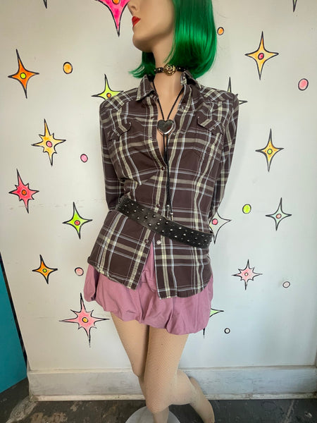 Western Pearl Snap Brown Plaid Shirt Grunge Fitted Button Up Top L