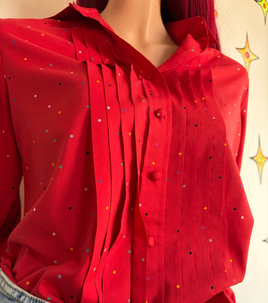 Cherry Red Retro Secretary Blouse Rainbow Polka Dots Pride Academia Kawaii L