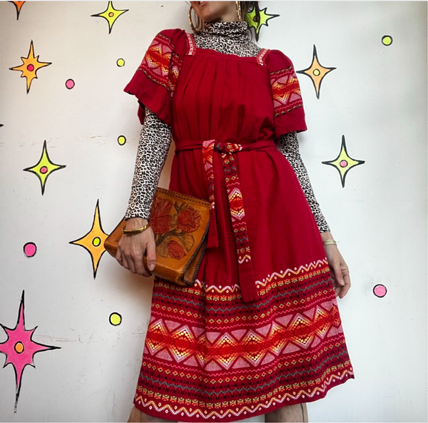 Vintage Mexican Embroidered Dress Red Oaxacan Folk Boho Fiesta Cotton - SM