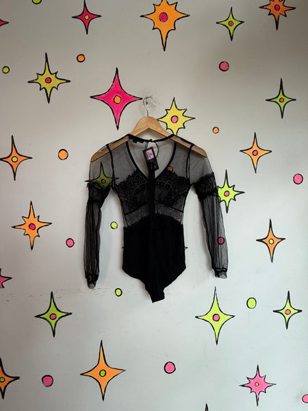 Vintage Gothic Black Lace Bodysuit Sheer Viscose Goth Grunge Lingerie Top S