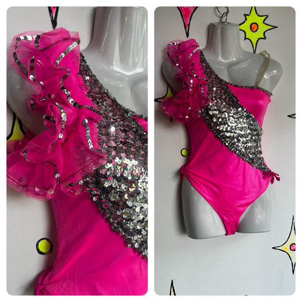 Vintage Dance Costume | Hot Pink Showgirl Burlesque Circus Leotard Playsuit