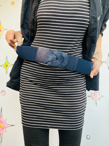 Vintage 80s Navy Blue Elastic Cinch Belt Wide New Wave Statement Belt S/M