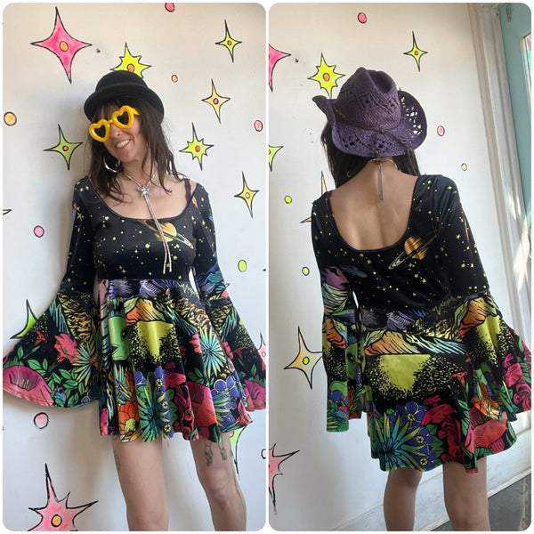 Black Velvet Alien Neon Scene Mini Dress - Bell Sleeves Rave Festival Hippie L
