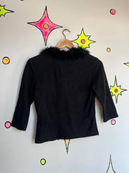 Vintage 90s Black Fuzzy Cardigan with Feather Trim Collar - Grunge Goth Glam - S