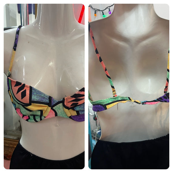 Vintage 80s 90s | Rainbow Neon Geometric Abstract Swimsuit Bikini Top | Medium