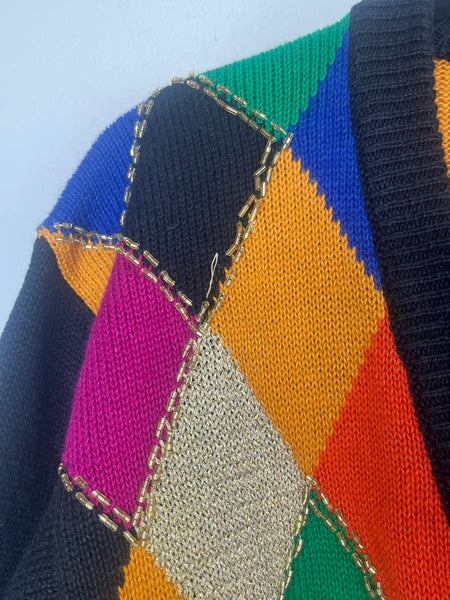 Rainbow Harlequin Cardigan Clowncore Sweater Beaded Deep V Button Front S/M