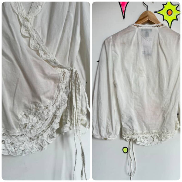 Vintage Ralph Lauren Lacey Cotton Wrap Blouse - Rococo Pirate Fairy Grunge - S