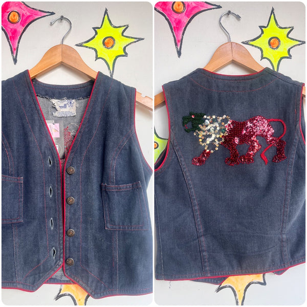 Vintage 60s 70s | Vintage Cropped Western Boho Fittled Beaded Denim Vest | S