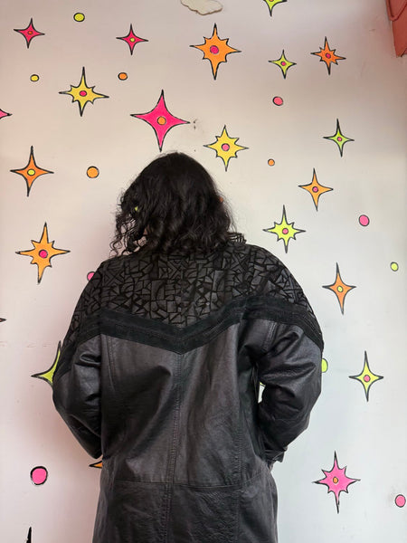 Black Leather Trench Coat 80s Patchwork Dolman Goth Moto Jacket Statement M